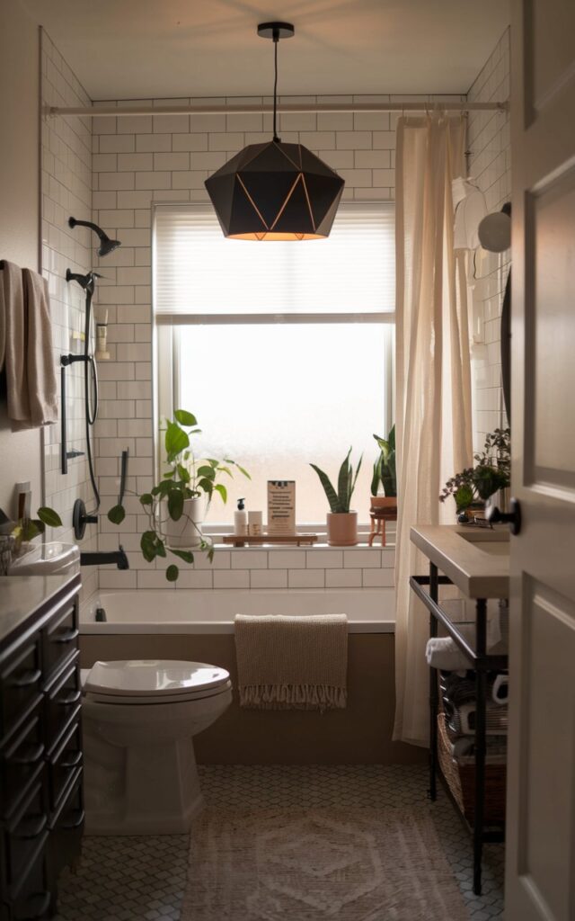 A cottagecore bathroom with a matte black modern geometric pendant light above a bathtub. The bathroom has a toilet, a vanity with essentials, a curtained window, a floor rug, and a few plants. The lighting is warm and comes only from the pendant light. The overall scene is cozy and inviting.