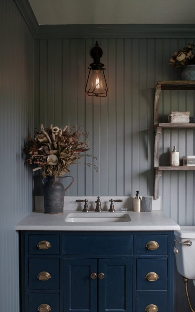 A photo of a farmhouse bathroom with a deep navy blue vanity, accented by antique brass knobs and a white stone countertop. The walls are lined with soft gray beadboard. There's a vintage lantern casting moody lighting. A ceramic jug holds dried florals, and rustic wood shelves hold essentials. The room has a cottagecore-meets-modern aesthetic. The lighting is soft and even.
