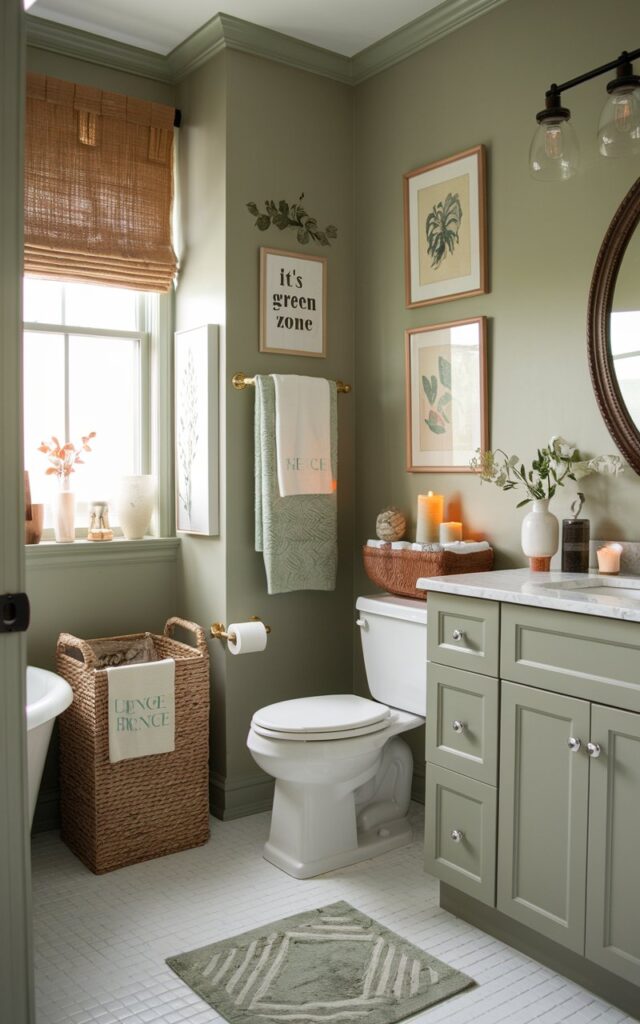 A photo of a full bathroom with a cottagecore and modern farmhouse style. The room is painted in a sage green tone and features a toilet, a Japanese bathing tub, a grand vanity, and a curtained window. The space is well decorated with a few framed art (vintage botanical prints), a woven laundry basket, a few candles, and a vinyl decal "It's a green zone". The bathroom has a warm, calm, and magazine-inspired ambiance.