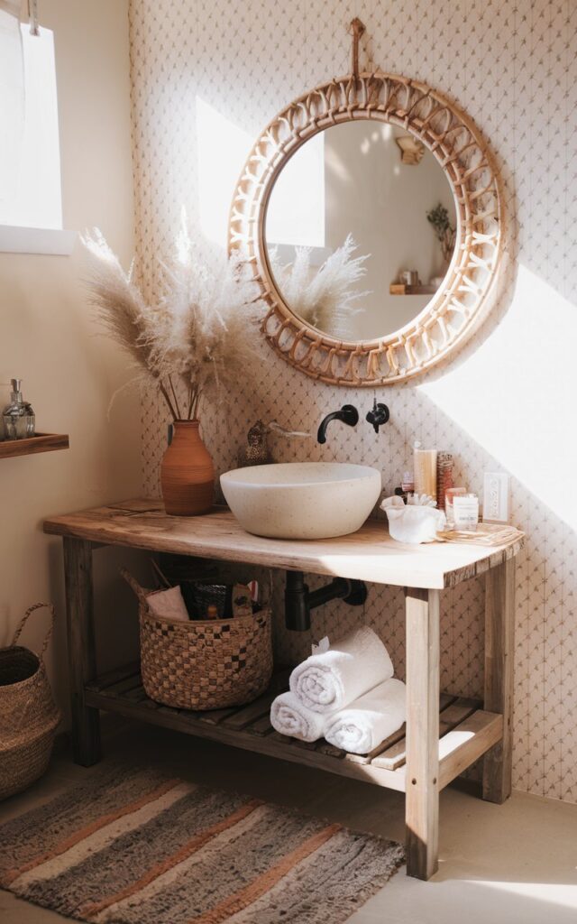 A photo of a cozy Boho-style bathroom with natural light streaming in. A round rattan-framed mirror hangs above a rustic wooden vanity with a white ceramic basin. The vanity has pampas grass in a clay vase, a small basket with essential items, rolled towels, etc. The floor is covered with a plush rug. The walls have a patterned wallpaper and a small shelf.