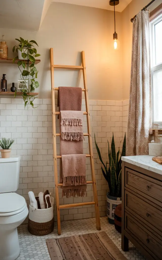 A photo of a cozy bathroom with a repurposed solid wood ladder used as a towel rack. The ladder is leaning against a tiled wall and is draped with woven boho towels in earthy tones. The space mixes detailed craftsmanship with relaxed textures, plants, and warm ambient light. The bathroom also has a toilet, vanity, curtained window, floor rug, and a pendant light.