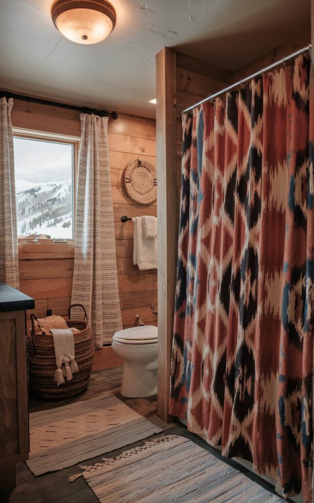 A photo of a cozy boho-alpine bathroom with a global textile shower curtain. The shower curtain is made of a warm earthy fabric with an ikat pattern in rust, deep blue, and cream tones. The curtain is draped against wood-paneled walls. There are woven baskets, soft linens, and a snowy mountain view in the background. The bathroom has a vanity, a toilet, a curtained window, a floor rug, and a pendant light. The ceiling light is warm.