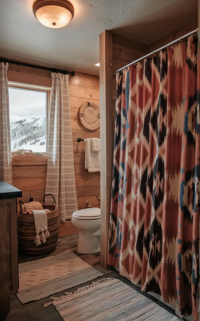 A photo of a cozy boho-alpine bathroom with a global textile shower curtain. The shower curtain is made of a warm earthy fabric with an ikat pattern in rust, deep blue, and cream tones. The curtain is draped against wood-paneled walls. There are woven baskets, soft linens, and a snowy mountain view in the background. The bathroom has a vanity, a toilet, a curtained window, a floor rug, and a pendant light. The ceiling light is warm.