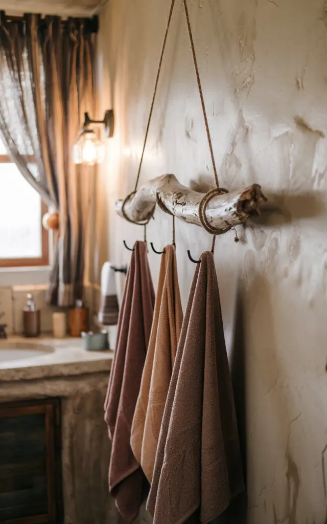 A photo of a cozy boho-rustic bathroom with a handmade towel rack crafted from a piece of driftwood suspended by thick twine. The towel rack hangs against a textured wall with earth-toned towels hanging from hooks. The bathroom has a curtained window, a vanity, and warm, soft lighting.