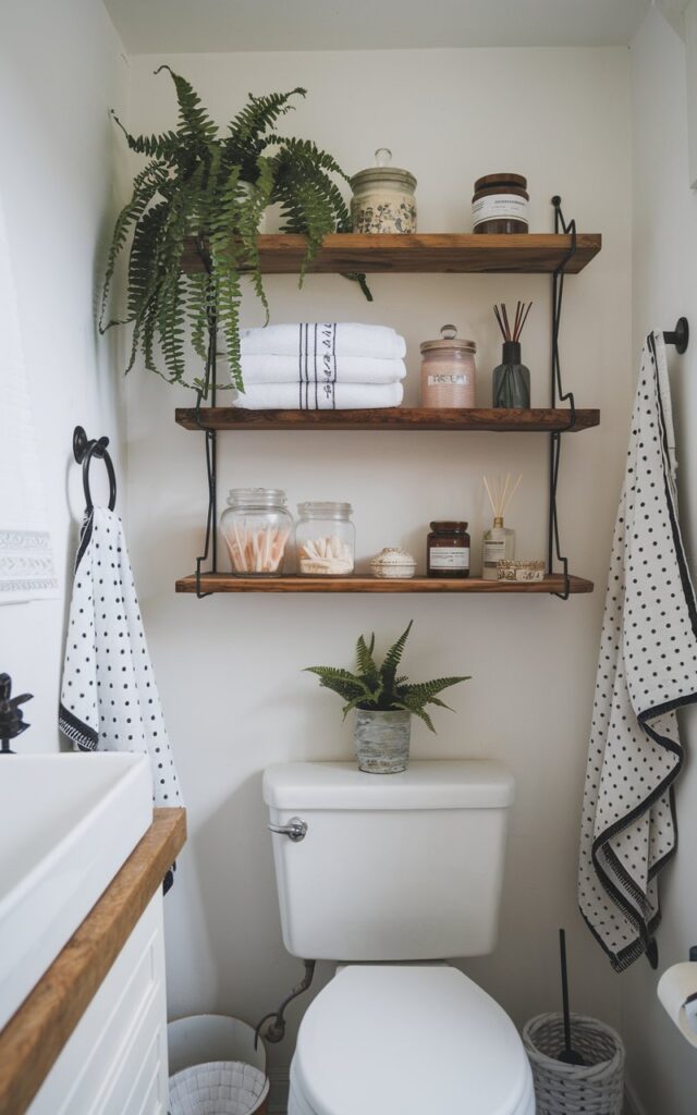 A photo of a minimalistic cozy cottagecore bathroom with a wood floating shelf above the toilet. The shelf holds cute designer towels, apothecary jars with Q-tips, scented candles, small knick knacks, and a fern. The bathroom has a white basin, a toilet, and a white wall with a few items hanging. The floor is covered with a white rug.