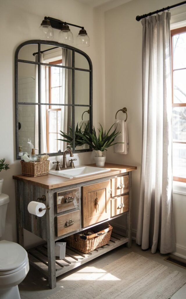 A photo of a cozy farmhouse bathroom with a reclaimed wood vanity and an oversized mirror with a metal frame above it. The vanity and bathroom are fully furnished, with a white sink, a brass faucet, and a potted plant. A basket and a few decorative items are placed on the vanity. Natural light streams in through a nearby curtained window, casting a warm glow on the room. The floor is covered with a beige rug. The walls are painted white.