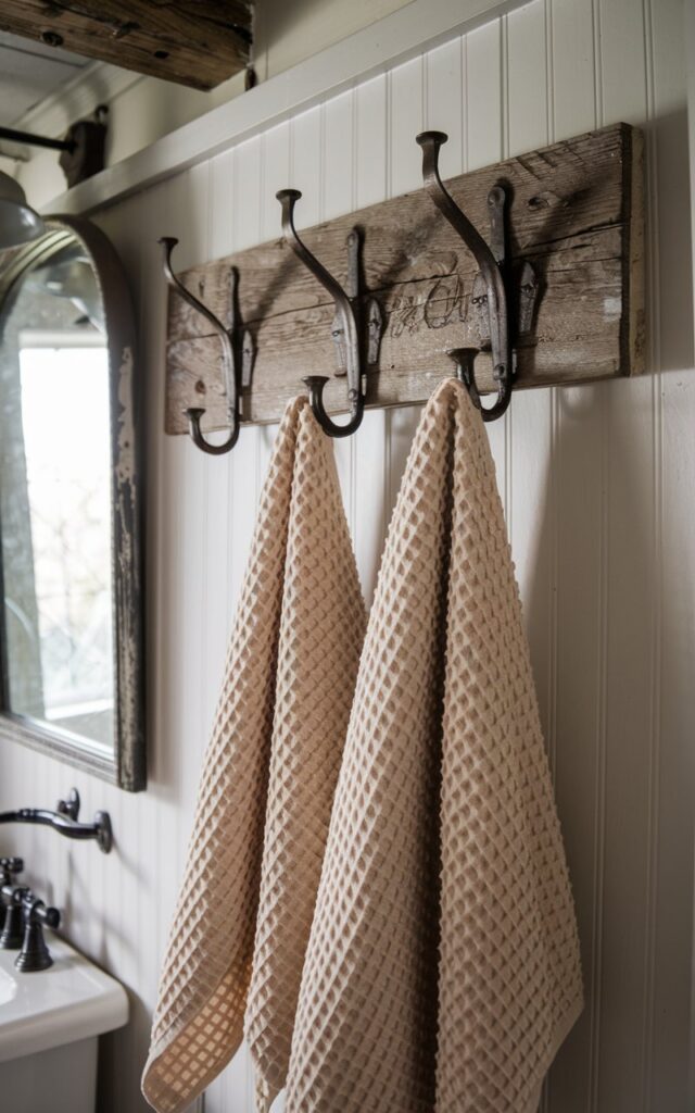 A photo of a cozy farmhouse bathroom with a rustic towel rack crafted from a slab of reclaimed wood and fitted with antique iron hooks (horse-shape). There are waffle-knit towels in soft neutral tones hanging casually. The wall behind has white beadboard. There is a vintage mirror and an exposed beam ceiling. The mix of rough wood, aged metal, and soft textures creates a timeless look with plenty of character and practicality.