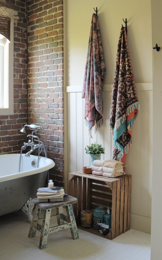 A photo of a cozy farmhouse bathroom with an eclectic twist. The bathroom has a clawfoot tub with a shower attachment. Next to the tub, there is a vintage wooden crate used as a side table. Near the crate, there is a distressed wooden stool with paint chipping, topped with a small potted plant and a stack of folded linens. The walls are a soft cream with exposed brick accents. There are colorful patterned textiles hanging on the wall, adding pops of personality. The space is warm, inviting, and uniquely yours.