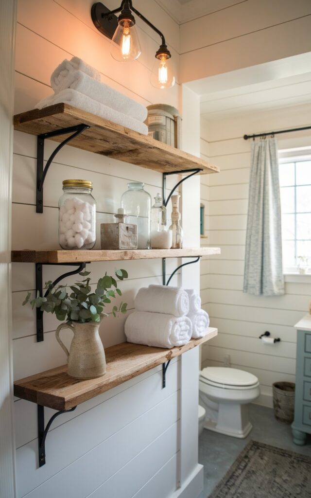 A photo of a cozy farmhouse bathroom with open wooden shelves made from reclaimed oak, mounted on white shiplap walls with black metal brackets. The shelves are styled with rolled white towels, mason jars filled with cotton balls, antique glass bottles, and a small ceramic pitcher holding fresh eucalyptus. A soft, neutral color palette and vintage-inspired lighting create a warm, inviting atmosphere. The shelves add both charm and functionality, giving the space a beautifully curated farmhouse feel. The bathroom also has a toilet, vanity, curtained window, and floor rug. The room is illuminated by morning natural light.