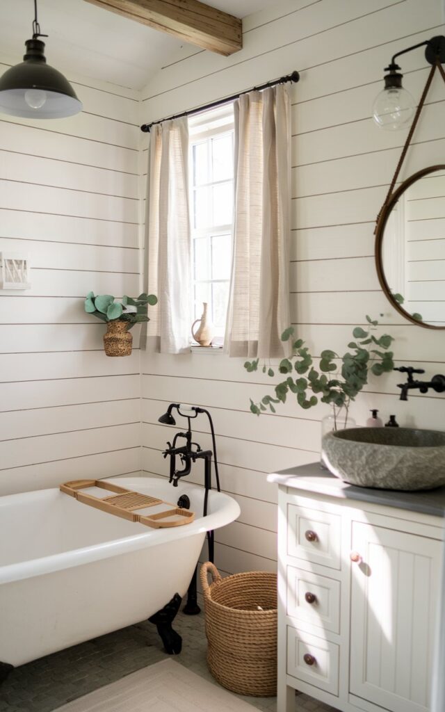 A photo of a cozy farmhouse bathroom with white horizontal shiplap walls, a clawfoot tub, matte black fixtures, and rustic wood accents. Soft natural light streams in from a window with linen curtains. A round vintage mirror hangs above a simple vanity with a stone sink. Woven baskets and green eucalyptus add warmth and texture. The overall vibe is clean, airy, and full of country charm.