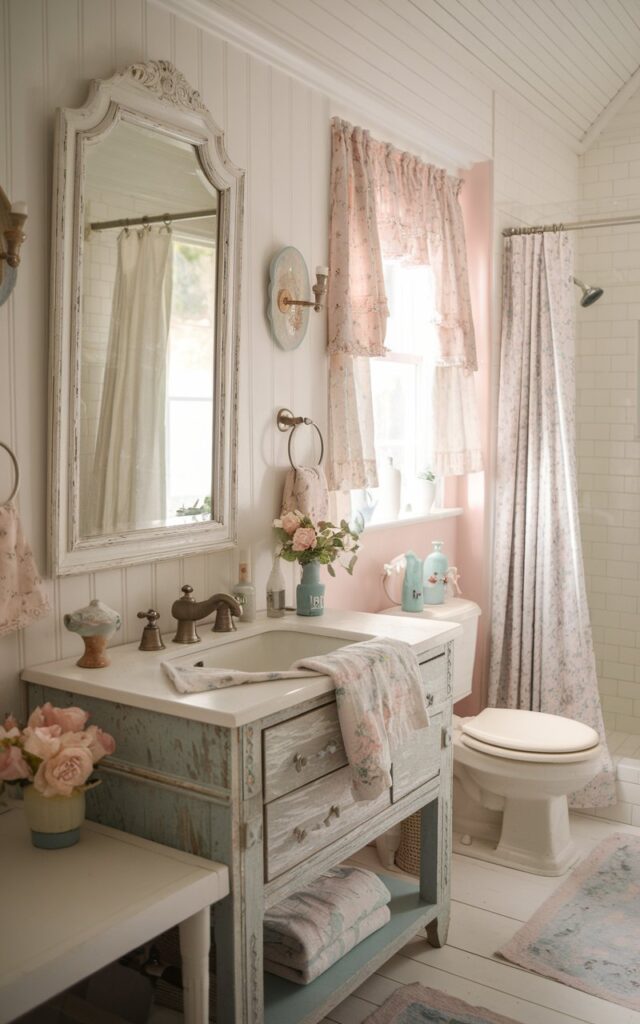 A photo of a shabby chic bathroom in a cozy farmhouse. The bathroom features a mirror with a distressed white wooden frame, hanging above a weathered wood vanity with antique-style taps and soft floral linens. The walls are white beadboard. There are pastel tones and dainty ceramic accents throughout the room. Soft natural light filters in, casting a warm, romantic glow over the charming, timeworn space. The bathroom also contains a toilet, shower area, curtained window, and floor rug.