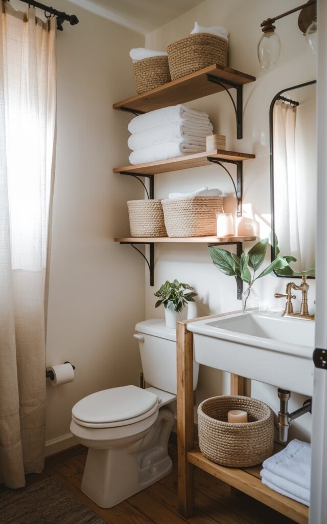 A photo of a cozy, modern bathroom with open wooden shelves above the toilet. The shelves hold neatly stacked white towels and woven baskets for storage. The bathroom has a white toilet and a white sink with a brass faucet. There is a wooden floor. The room is lit by soft natural light. The decor is minimal, with a potted plant near the sink and a white candle on the wooden shelf.