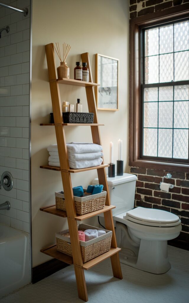 A photo of a mid-century modern small bathroom with a slim ladder for storing towels, baskets with essentials, and candles. The room also contains a toilet and a bathtub. The room has a craftsman touch with the wooden ladder and the exposed brick wall. The natural light is soft and filtered through a window with a patterned glass.