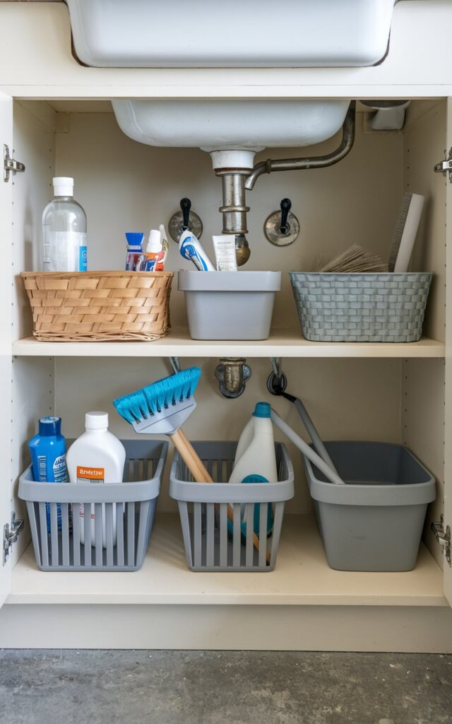 A photo of a decluttered under-sink cabinet with storage units and baskets. The cabinet is painted white and has a few shelves. There are baskets of various shapes and sizes placed on the shelves. The baskets contain toiletries and essentials like cleaning supplies, a broom, a mop, and a dustpan. The floor of the cabinet is visible and is made of concrete. The background is a wall with a few nails.
