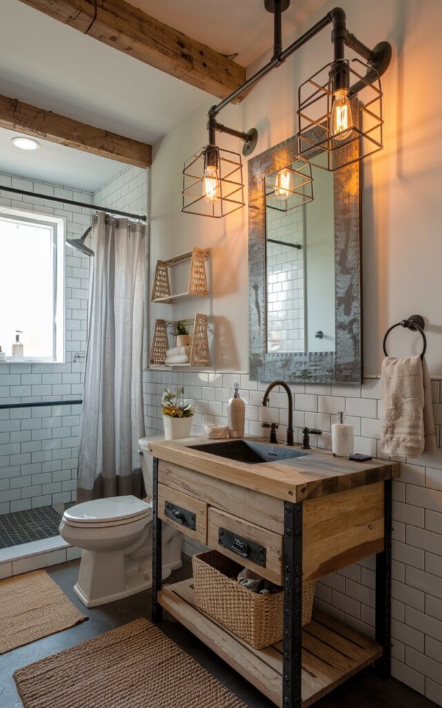 A photo of a farmhouse bathroom with bold industrial touches. The room features a rustic wood vanity with a distressed mirror. Hanging above the vanity are black metal cage lighting fixtures with exposed Edison bulbs. The lights cast a warm, golden glow against the white subway tile walls. A matte black faucet and pipe-style towel holder are also in the room. The space is softened by natural wood accents, woven textures, and a jute rug. The bathroom also has a toilet, shower area, curtained window, and floor rug.