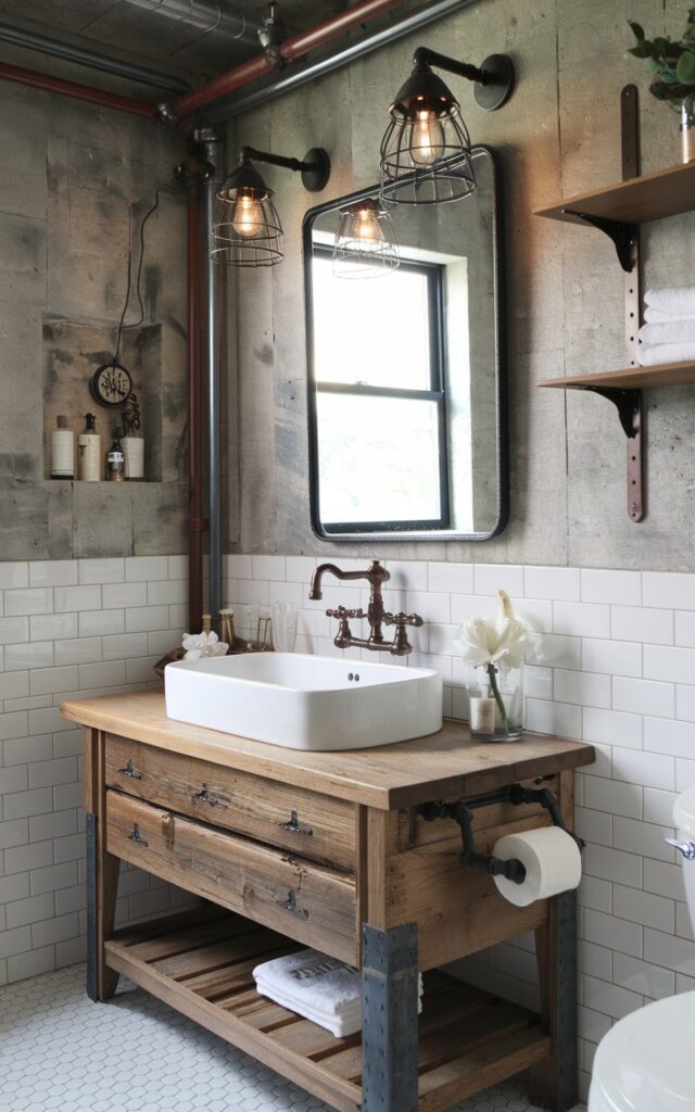 A photo of a farmhouse bathroom with an industrial flair. The room has a rustic wood vanity topped with a white porcelain sink, bold oil-rubbed bronze faucets, and exposed pipe plumbing. The walls are a mix of white subway tile and aged concrete finish. Above the vanity, a metal-framed mirror hangs under industrial-style cage sconces. Matte black hardware and open shelving with metal brackets complete the look. The atmosphere is raw yet refined, blending cozy country charm with factory-style edge.