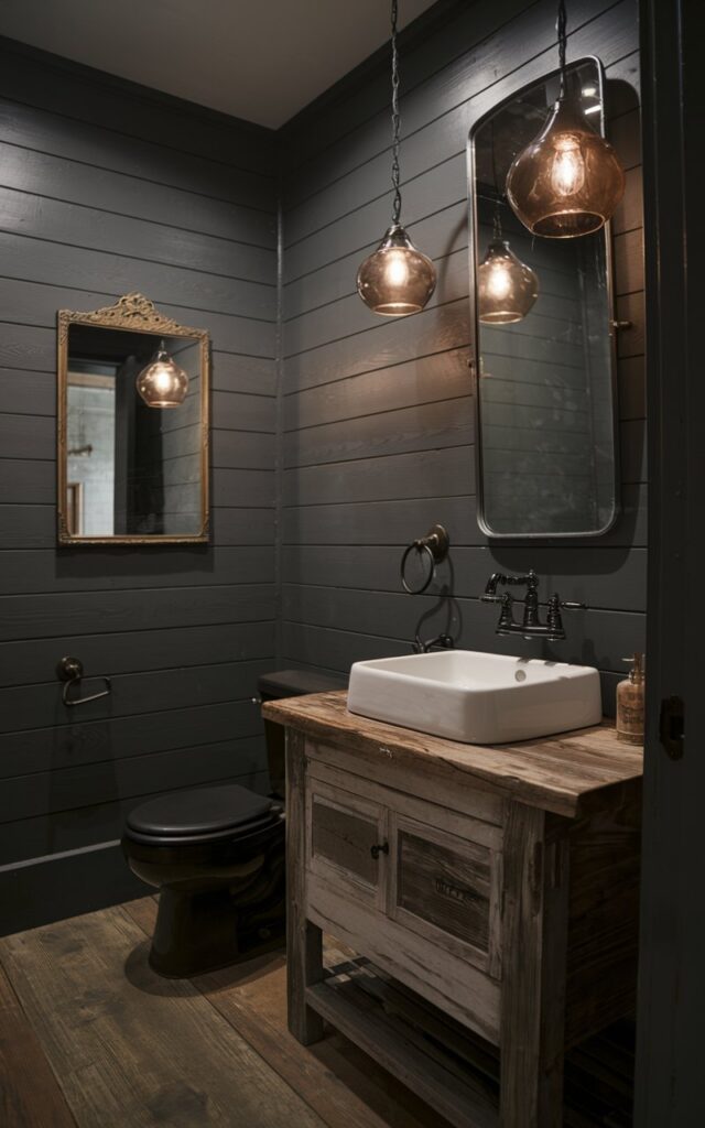 A moody bathroom with a farmhouse-style aesthetic. There's a rustic wood vanity with a white sink. Hanging above the vanity are smoky glass pendant lights. The walls are made of shiplap and painted in charcoal gray. The floor is made of wooden planks. There's a vintage brass mirror on the wall, black fixtures, and a toilet in the room. The lighting is soft and diffused, casting a warm glow over the space.