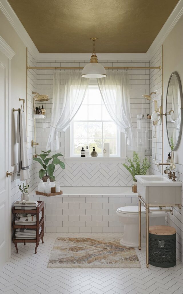 A farmhouse-style bathroom with a classic white subway tile in a herringbone pattern and gold grout. The bathroom has a contrasting color ceiling with a pendant light, a floor with a rug, a curtained window, and all essential accessories. There are also some plants in the bathroom.