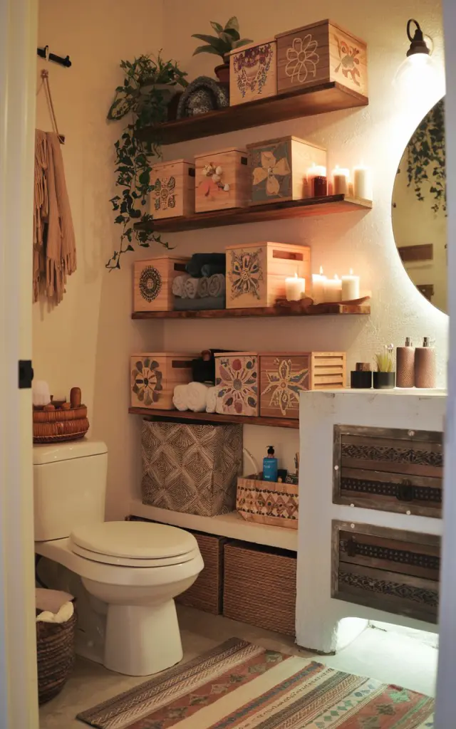 A photo of a cozy boho bathroom nook with a toilet, a vanity with LED under light, a floor rug, and wooden shelves. The shelves are stacked with wooden or cardboard storage boxes decorated with decoupaged floral and tribal prints. The boxes contain toiletries and rolled towels. The bathroom is also adorned with candles and plants. The overall ambiance is warm and inviting, with earthy tones and rustic elements.