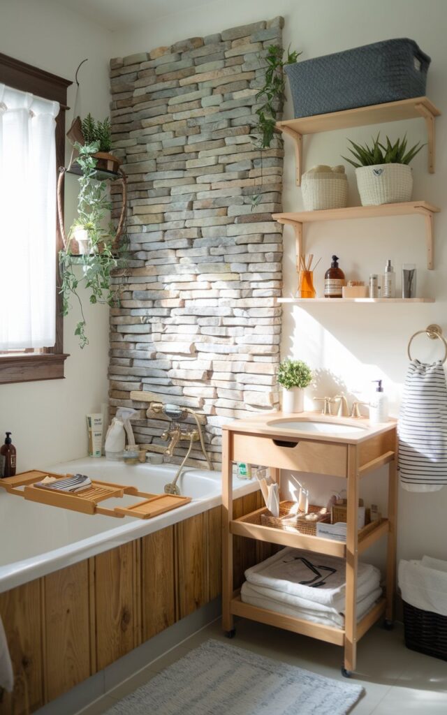 A photo of a cottagecore style small bathroom with a fully furnished space. There's a wooden bathtub, a stone accent wall, a wooden vanity with a rolling cart, floating shelves, baskets, and plants. The room is well decorated and chic, with a soft, natural light filtering in. The essentials and accessories are neatly arranged.