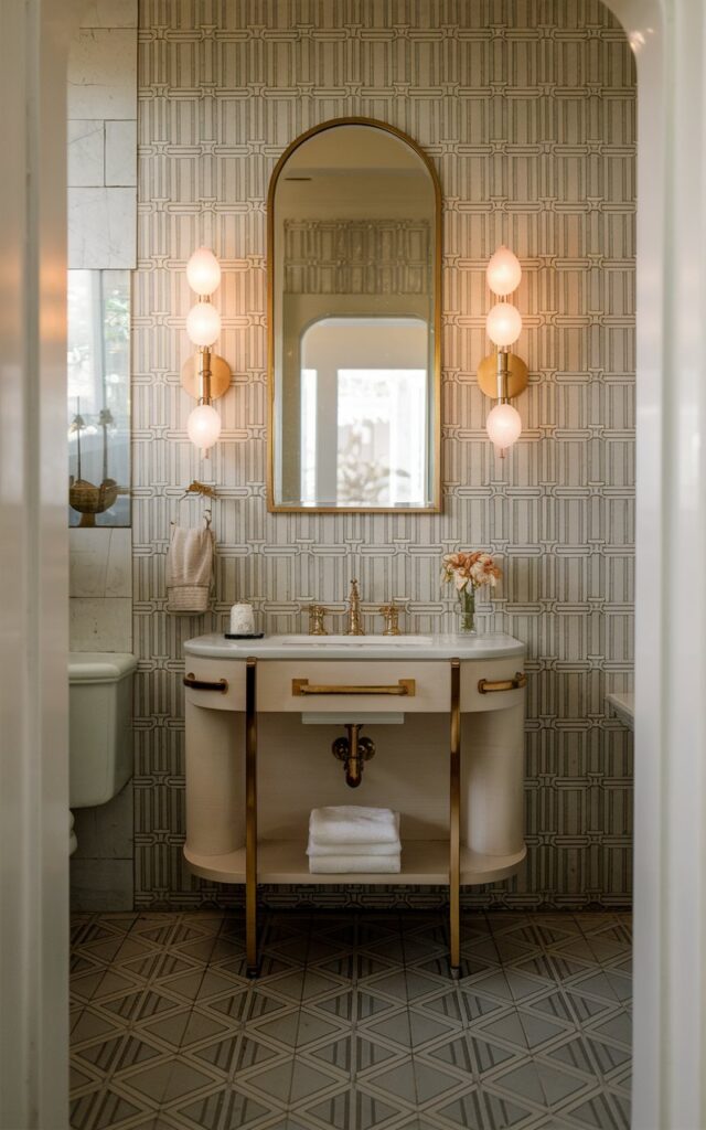 A photo of a fully furnished art deco and maximalist style bathroom with a bold, geometric pattern tile wall. The pattern is eye-catching and attractive. The bathroom is well-decorated and charming. Soft, ambient natural light fills the space.