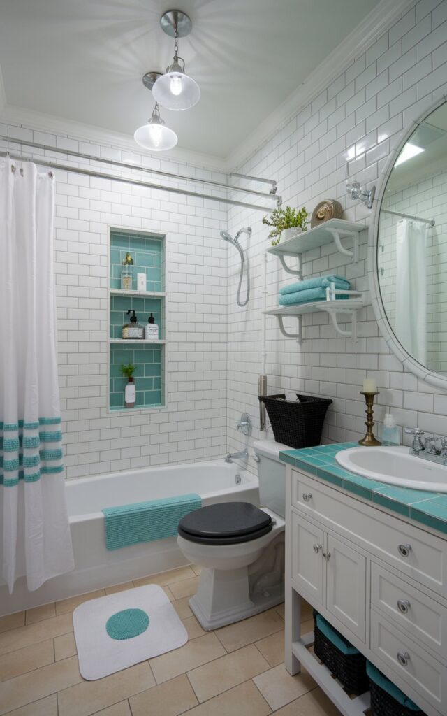 A fun, charming bathroom with a subway tile wall in a vertical stack pattern. The tiles are white, and the grout is bold turquoise. The bathroom is fully furnished, well decorated, and organized with accessories. There is a white bathtub with a chrome faucet, a white vanity with a turquoise countertop and a chrome sink, a toilet with a dark grey seat, and a white shower curtain. There is a black basket, a brass candle holder, a small plant, and a white toothbrush holder on the vanity. The floor is tiled in beige and white. The ceiling has pendant lights that hang over the bathtub. The room is softly lit.