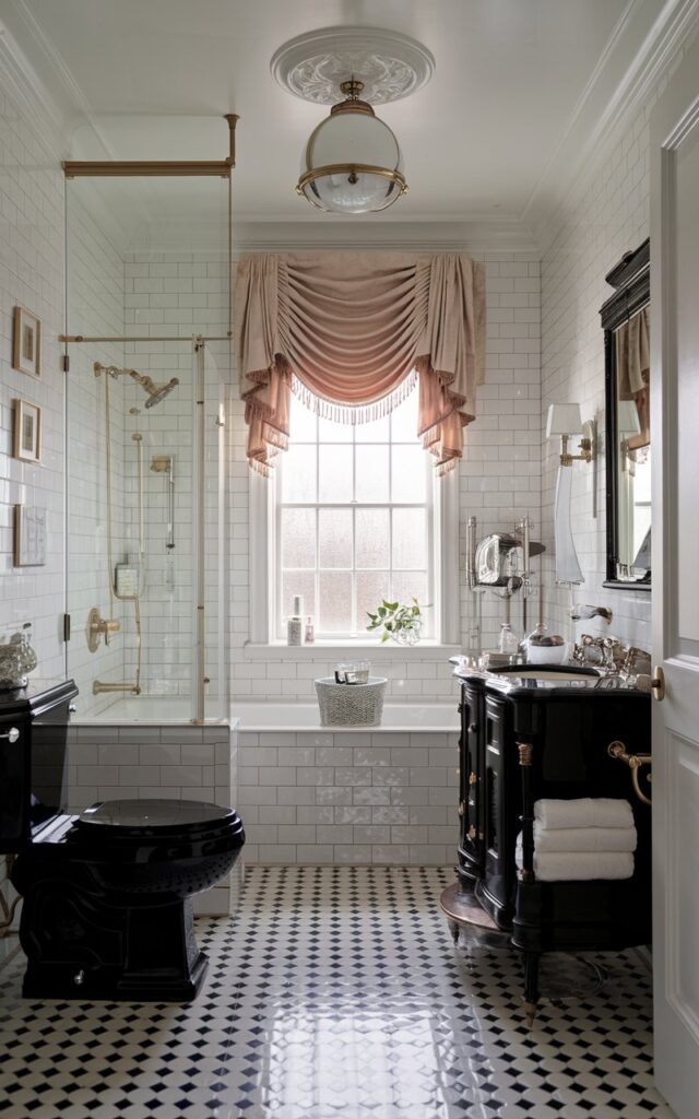 A glam + Victorian style bathroom having a sleek black toilet for a luxe touch. The bathroom also has a shower area, vanity, curtained window, etc. Natural Light is soft, filtered.