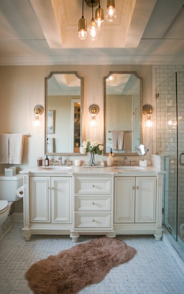 A photo of a glam + chic bathroom with a vanity featuring 2-3 framed mirrors. Wall sconces are placed on either side of the mirrors, with warm light illuminating the area. The vanity is fully furnished with essentials. The bathroom also contains a toilet, shower area, fluffy rug, and a ceiling with cluster pendant lights, which are lit.