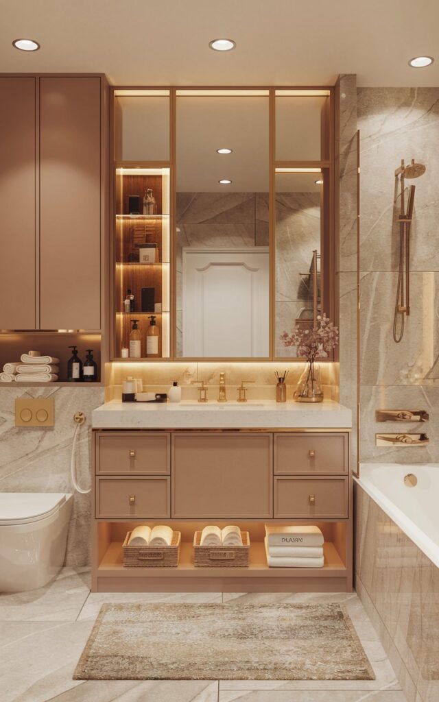 A glam chic bathroom with a vanity having under-cabinet warm lighting. The bathroom has a toilet, bathtub, rug, toiletries, and essentials stored neatly. The walls are adorned with gold accents.