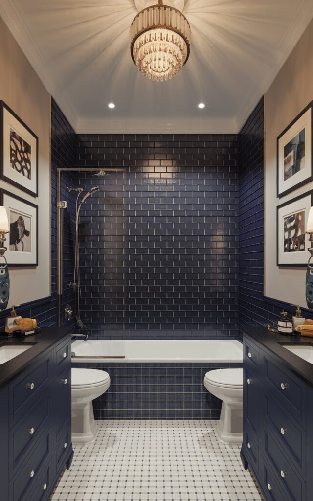 A glam full bathroom with a navy blue tile wall and black grouts. The bathroom is fully furnished with functional elements and accessories. The ceiling has a chandelier with warm light. The floor and vanity have a contrasting color. The walls have framed art.