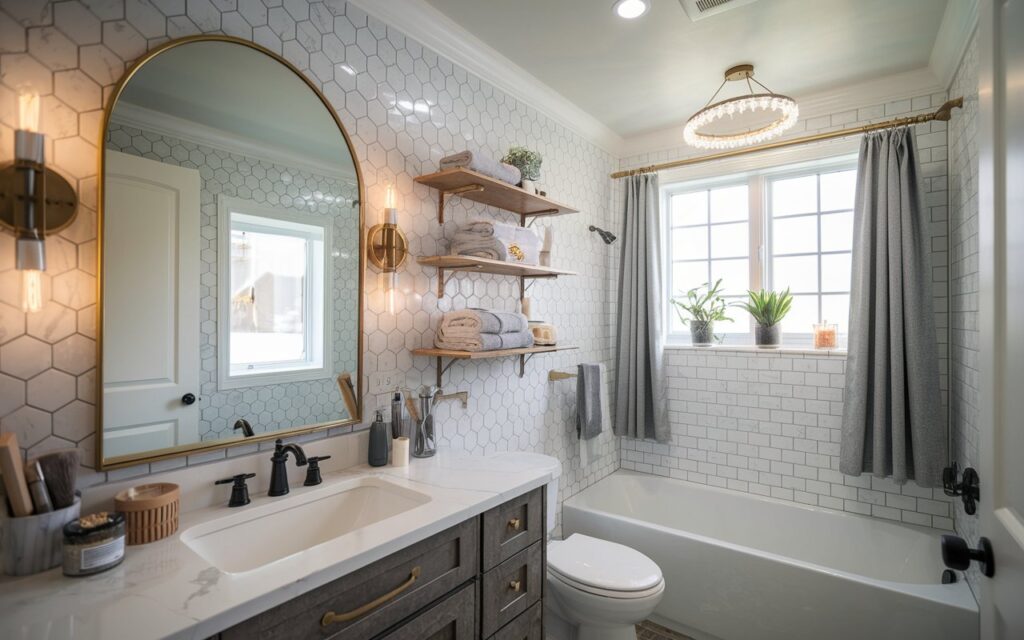 A glam + rustic full bathroom with fully furnished interiors. A marble-feel vanity + big arched mirror with gold-trim frame + makeup essentials in cute jars or baskets, dimmable warm lights. Walls have peel-and-stick backsplash tiles in geometric pattern, a few open shelves with rolled towels, candles, plant, etc. The bathroom has a toilet, and a bathtub. Above the bathtub, there is a small crystal hoop chandelier (light on). The bathroom has a recessed ceiling with LED light. Curtained windows + potted plants on windowsill. Natural light is soft, ambient.