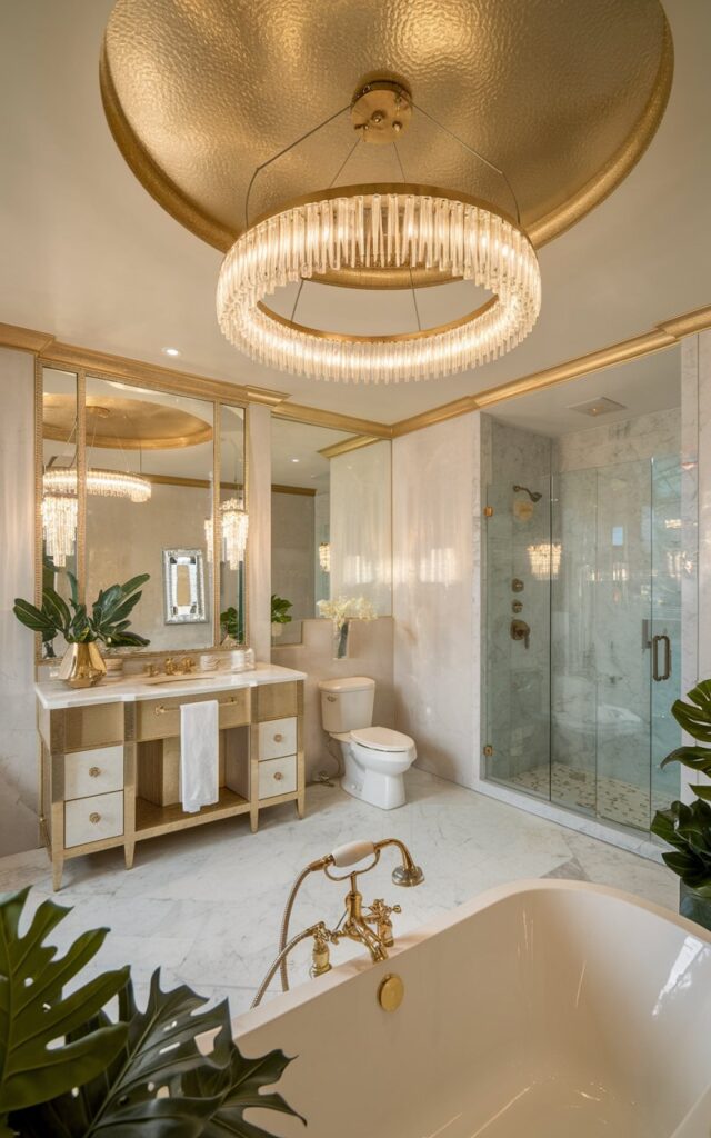 A photo of a luxurious, spacious bathroom with a gold crystal hoop-style chandelier hanging above a bathtub. The bathroom has a glamorous touch, with a gold-accented ceiling, floor, and wall. There is a vanity with a sink and a mirror, a toilet, and a walk-in shower. The floor is covered with white marble tiles. There are green plants in the bathroom. The lighting is warm.