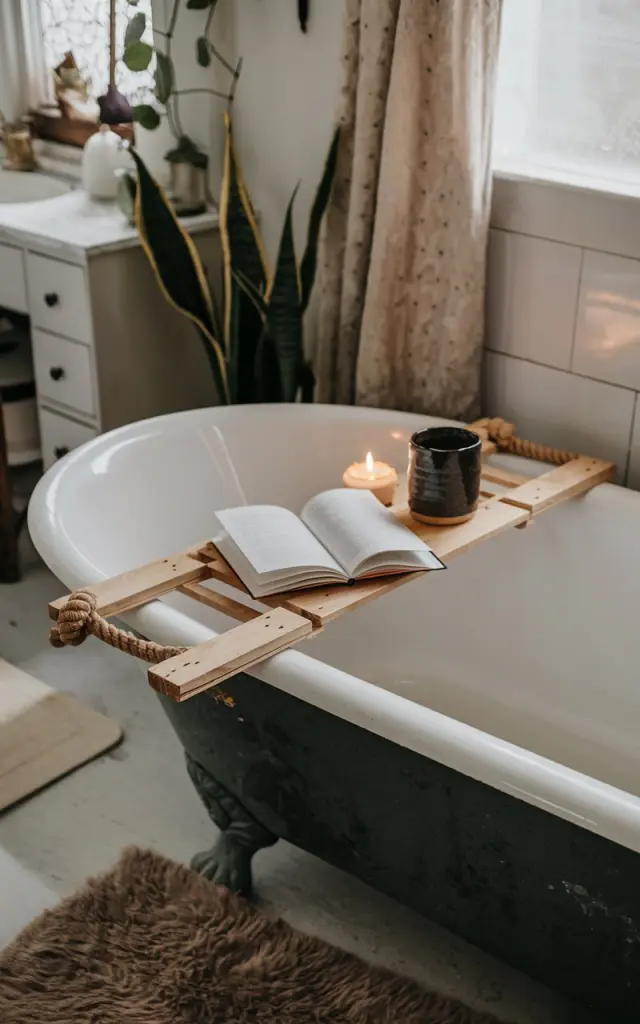 A photo of a handmade bathtub tray crafted from sanded-down pallet wood with thick rope handles knotted at each end, resting across a vintage tub. On the tray sits a flickering candle, a ceramic mug, and an open book. The surrounding space features a vanity, a few plants, a curtained window, and a floor fluffy rug.