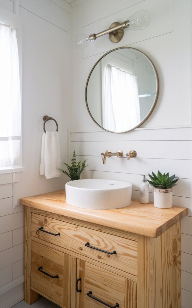 A photo of a light and airy farmhouse bathroom with Scandinavian influences. The room features a sleek wooden vanity top in a natural oak finish. The wood grain is subtly highlighted under soft lighting, creating a sense of warmth and calm. A simple white basin sink sits on top, paired with brushed nickel fixtures. The walls are painted crisp white, with minimal decor—just a small potted plant and a round mirror. The overall vibe is cozy, uncluttered, and refreshingly modern farmhouse.