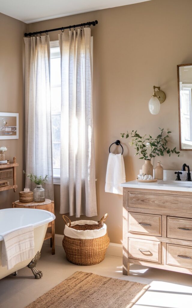 A photo of a light-filled farmhouse bathroom with walls painted in a warm greige tone, creating a clean and calming atmosphere. Natural sunlight pours in through a window with sheer linen curtains, highlighting the subtle contrast between the creamy walls and rustic wood accents. A vintage clawfoot tub, woven baskets, and a reclaimed wood vanity add warmth and charm. The neutral palette makes the space feel open, airy, and effortlessly inviting.