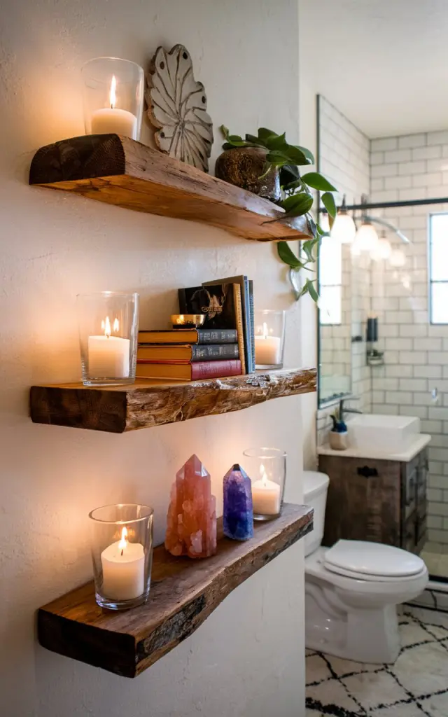 A photo of a luxe boho bathroom with a few floating wooden shelves mounted on a textured white wall. The shelves hold flickering candles in glass holders, stacked vintage books, colorful crystals, a plant, and a decor piece. The bathroom also has a toilet, vanity, and shower area. The space looks lively, warm, and inviting.