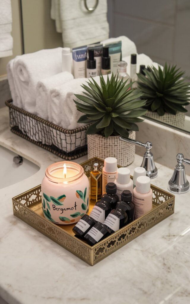 A photo of a luxurious vanity in a bathroom with a marble top. On the vanity, there's a well-lit candle in a hand-painted jar with a "bergamot" scent, a faux plant, and a variety of oils. All of these items are placed in a decorative tray. In addition to these items, the vanity also holds towels and beauty products, all neatly organized in a basket.