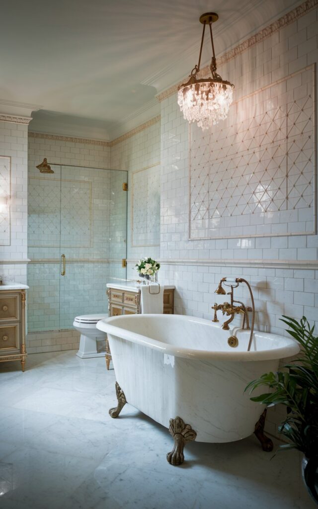 A photo of a luxurious bathroom with a statement bathtub. The bathtub is made of white marble and has gold fixtures. There is a small chandelier above the bathtub with a light on. The bathroom is fully furnished and decorated, with a vanity, toilet, and shower. The walls are tiled with white and gold patterned tiles. The floor is made of white marble. There is a potted plant near the bathtub. The lighting is soft, filtered natural light.