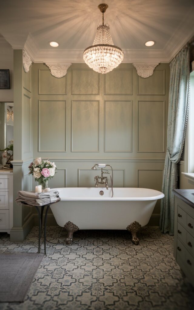 A photo of a farmhouse bathroom with a luxurious blend of modern and Victorian styles. The centerpiece is a vintage white clawfoot tub with ornate silver feet, sitting on patterned encaustic tile flooring. The walls feature soft sage green paneling with white crown molding. A crystal chandelier hangs above, casting warm light. A small side table holds folded linens and a vase of fresh flowers. The bathroom also has a vanity, curtained window, and a rug. The overall mood is elegant, timeless, and slightly dramatic, with a cozy countryside touch. The lighting is soft and ambient.