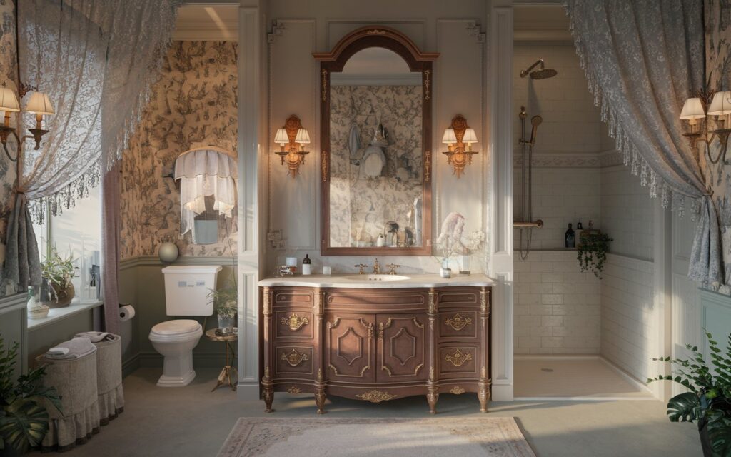 A photo of a luxurious grand bathroom with a Victorian-style woodwork vanity. The vanity has elegant brass hardware and is set against soft, muted English countryside colors. The space is adorned with floral wallpaper, vintage sconces, and delicate lace curtains. The bathroom is illuminated by warm natural light. The space also has a toilet, shower area, floor rug, and a few plants.