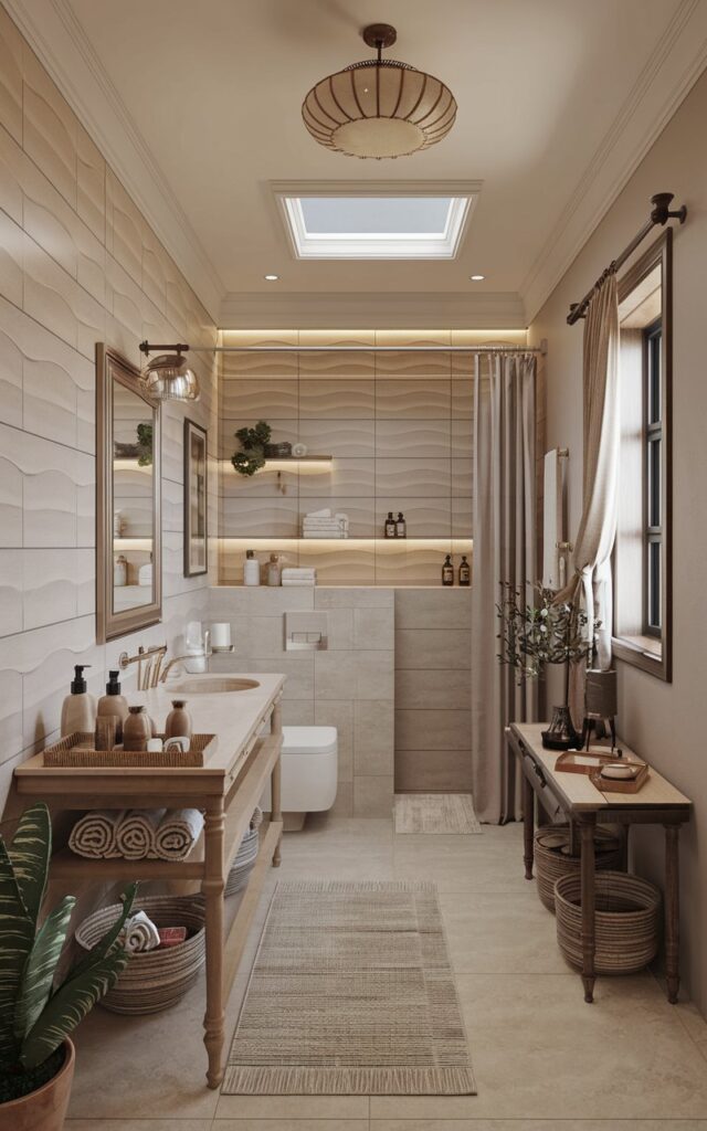 A luxuriously minimalist bathroom with a beige, grey, and white color scheme. The walls have a beige wavy pattern tile. There is a wooden vanity with a framed mirror, woven baskets, decorative wood trays, ceramic jars containing essentials and accessories, and a plant. The bathroom also has a toilet, shower area with a curtain, a curtained window, a rug, open shelves, and a luxurious pendant light on the ceiling. The room has a skylight ceiling.