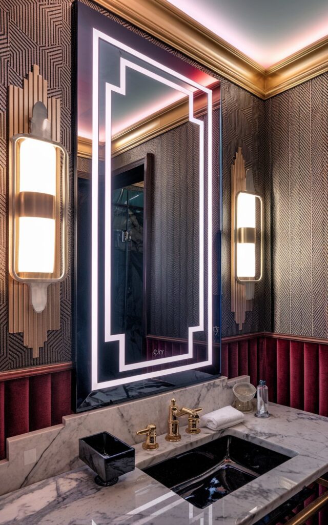 A photo of a maximalist Art Deco bathroom with a statement mirror. The mirror has a bold, geometric frame in glossy black and gold, and it features integrated smart lighting that shifts in color and brightness. The walls are rich jewel-tones, and there is dramatic patterned wallpaper. The surfaces are made of luxe marble. Brass fixtures, velvet textures, and layered lighting are also present. The space has a glamorous, high-drama atmosphere that feels both high-tech and vintage-lavish.