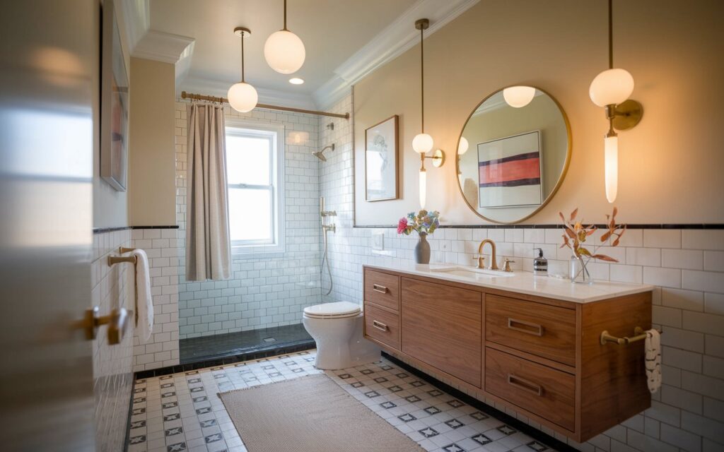 A photo of a mid-century modern bathroom with clean lines and a warm walnut wood cabinetry. The bathroom features a floating vanity with a white countertop, iconic geometric floor tiles, a frameless round mirror, and brass accents. There is a minimalist toilet and a shower area. The space has a curtained window, globe sconces, and subtle pops of color in art or accessories. The room is set against a soft neutral palette. The ceiling has pendant lights, and the floor has a rug. The vanity and bathroom are fully furnished.