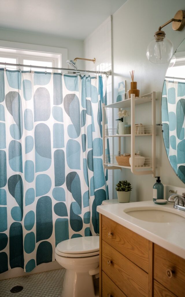 A photo of a mid-century modern style bathroom with a shower area. The shower has a graphic design shower curtain with a pattern of abstract shapes in various shades of blue and white. The bathroom is fully furnished with a toilet, a sink, and a mirror. The room is clutter-free and charming. The natural light is soft and filtered.