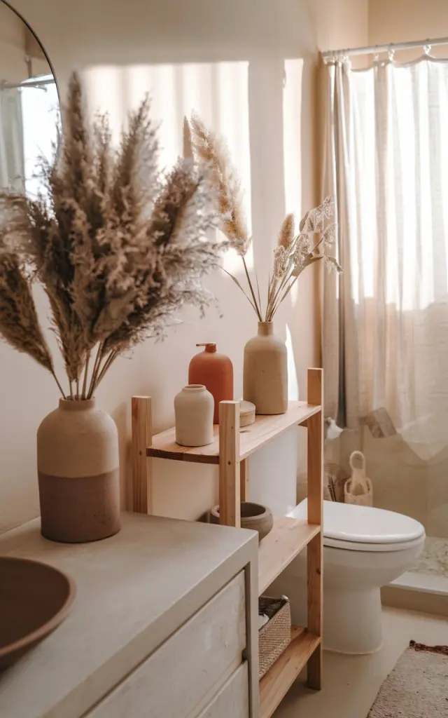 A photo of a minimalist boho bathroom with dried pampas grass or eucalyptus stems in earthy-toned ceramic vases placed on a vanity. Other vases, placed on a wooden shelf along with other essentials, have matte finishes in muted beige and terracotta hues. Soft natural light highlights the textures and adds warmth to the serene setting. The bathroom has a toilet, shower area, curtained window, floor rug, etc. Natural light is filtered, soft.