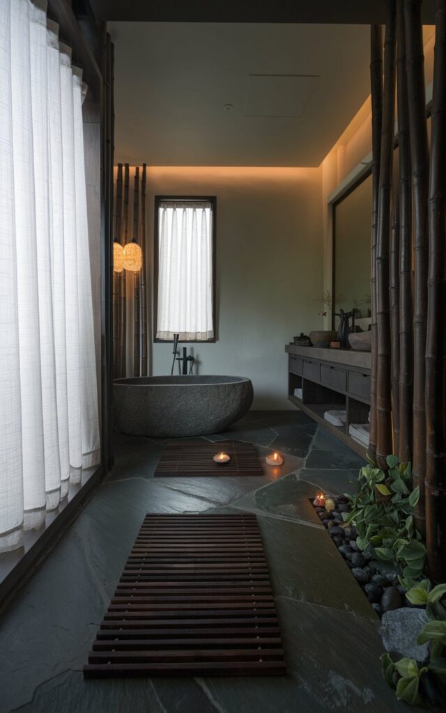 A photo of a modern Asia Zen-style moody bathroom with a dark wood slatted bath mat placed over smooth slate flooring. The minimalist space features a freestanding stone tub, a vanity, curtained window, bamboo elements, and soft ambient lighting. Hints of incense and greenery create a serene, grounded atmosphere.