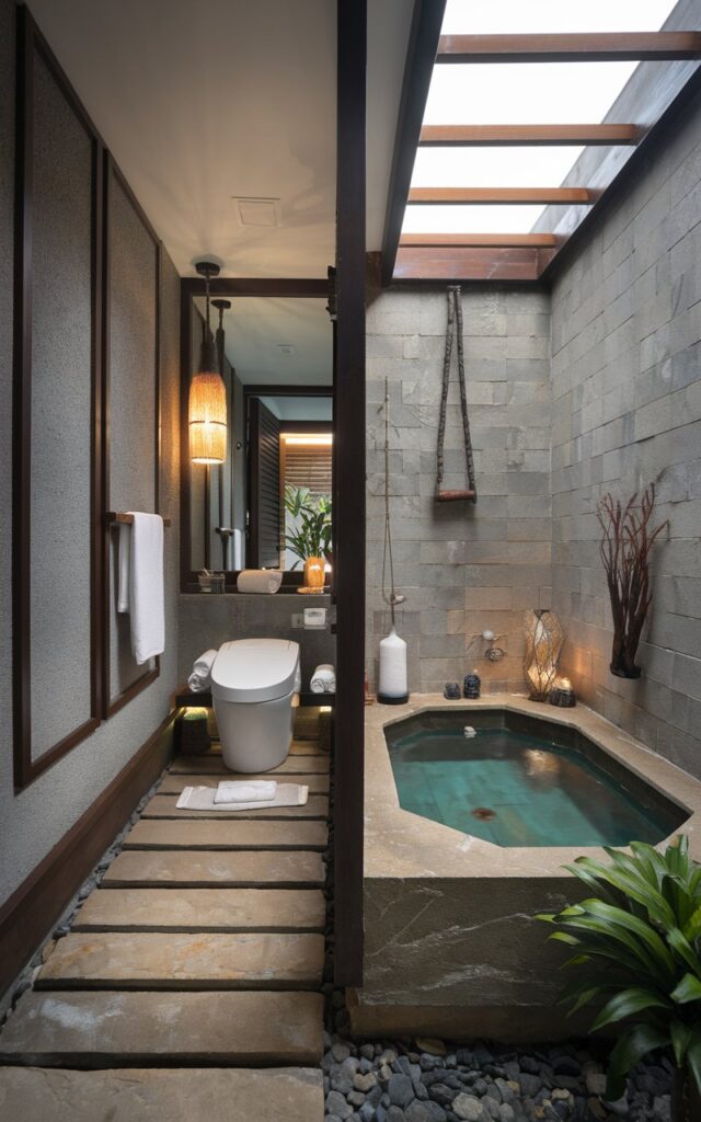 A photo of a modern Balinese-style small, full bathroom with a Japanese-style soaking tub. The bathroom has a toilet, vanity, and other essential items. The space has a luxurious and relaxing ambiance, with soft, ambient light. The floor is made of natural stone and has a few towels. There is a potted plant near the tub. The walls are made of stone and have a few hanging items. The room has a few decorative items.