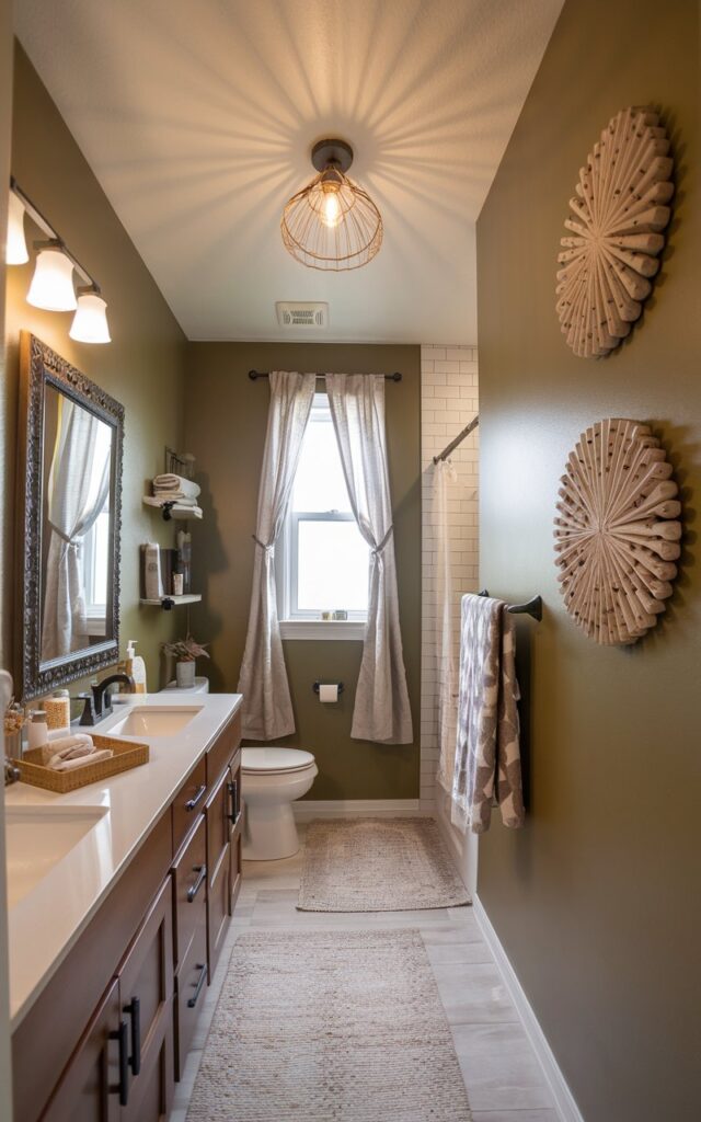 A picture of a modern Boho bathroom with olive green walls and wood art decor. The bathroom is fully furnished with a vanity and framed mirror, a toilet, a shower area, a curtained window, a rug, etc. There is a recessed ceiling with a Boho pendant light that is turned on. The natural light is soft and even throughout the room. The space is well-decorated and clutter-free.
