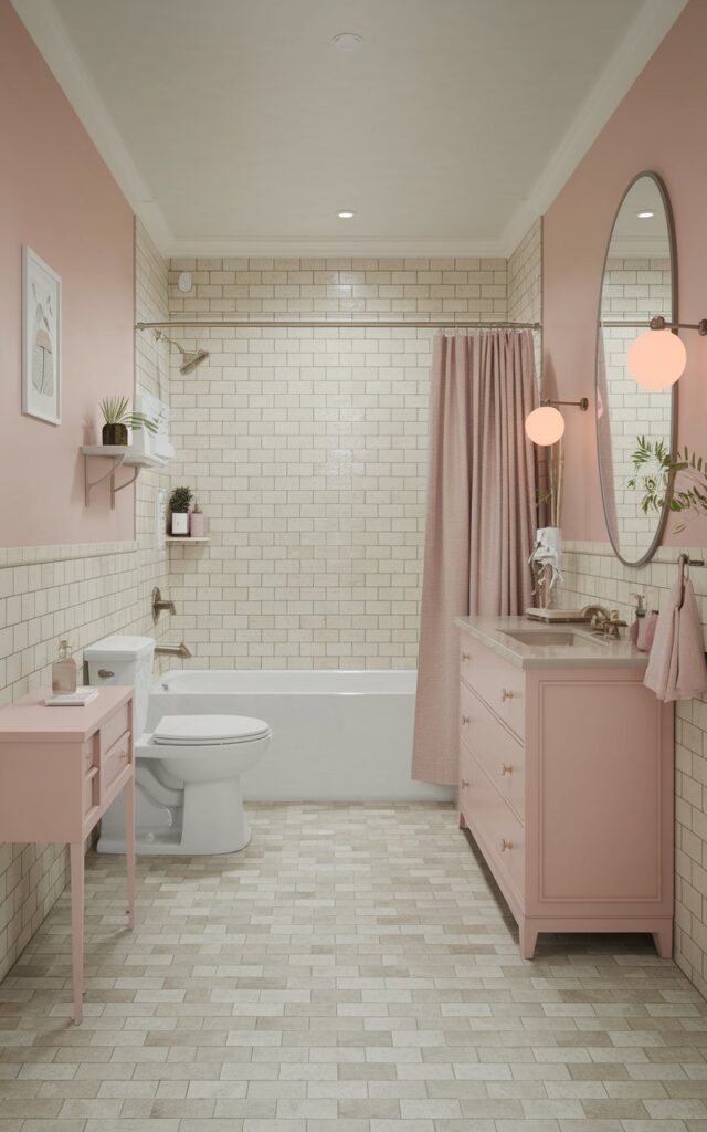 A photo of a full bathroom in a modern Craftsman style. The bathroom has a monochrome tone with soft beige and pastel pink accents. The room contains a toilet, a vanity, and a shower area. The space is furnished with a modern bathtub, a white toilet, and a beige vanity with a pastel pink top. The walls have beige tiles and the floor has a beige and grey pattern. The room is decorated with a few decorative items, including a pink lamp, a beige curtain, and a plant.