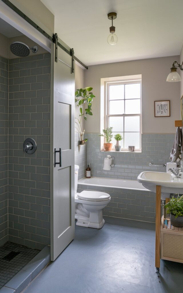 A photo of a modern English countryside bathroom with a shower area. There's a sliding door separating the shower area from the rest of the bathroom. The bathroom is fully furnished with essentials, including a toilet, sink, and bathtub. The walls are covered with grey tiles. There's a window near the ceiling, letting in natural light. The room is decorated with a few plants and a vintage-style light fixture.